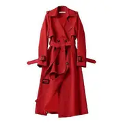 Fall Winter Women Trench Coat Turn-down Collar Solid Color Double-breasted with Belt Mid red L