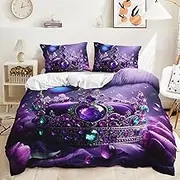 AILONEN Girls Crown Duvet Cover Set Queen Size,Purple Butterfly Comforter Cover Set for Women,Beautiful Diamond Printed Quilt Cover with 2 Pillowcases,3Pcs