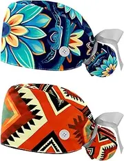 [YTYVAGT] 2-Pc,Nurse Scrub Caps,Scrub Hats with Buttons and Cotton Sweatband,Bohemian Decorative Dark Blue