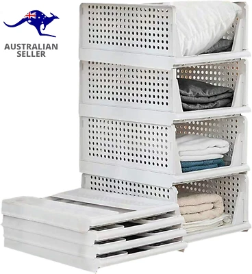 Folding Wardrobe Storage Box 4-Pack Plastic Drawer Organizer Stackable Shelf Bas