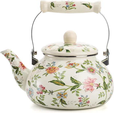Jucoan 2.6 Quart Vintage Enamel Tea Kettle, Green Floral Enamel on Steel Teapot