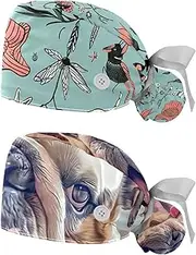 [YTYVAGT] 2-Pc,Nurse Scrub Caps,Scrub Hats with Buttons and Cotton Sweatband,Dog Bees Flowers Cartoon
