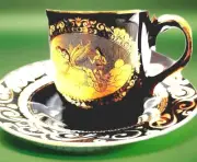 Espresso Set 6 Black, Gold Cups Saucers JTR Japan porcelain demitasse Nib
