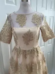 NWT Adrianna Papell Gold Metallic Corded Lace. Floral Dress 4 Ret $229