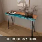 Wood & Blue Epoxy console Table for entryway, kitchen Live edge Table with legs