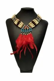 Womens Bone Choker Designer Fashion Necklace Red Feathers Pipes Southwest
