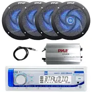 Marine Bluetooth Radio, Amp, 4x 5.25" 180W Blue Flash LED Black Speaker, Antenna