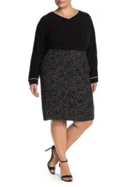 NWT T Tahari Black w/White Dots Pull-On Ponte Skirt Banded Waist Back Vent 1X