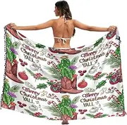 [RPLIFE] Christmas Cowboy Boots Cactus Bathing Suit Cover Sarong Wrap Tassel Beach Sarongs for Women, Large, Christmas Cowboy Boots Cactus, Large
