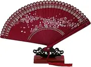 [LRHEAIN] Natural Bamboo Folding Hand Fans Cherry Blossom Flowers Pattern Handheld Fan with Tassel for Wedding Party Dance Props Vintage Decoration,Red