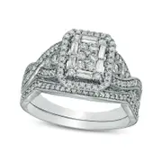 0.75 CT. T.W. Composite Natural Diamond Hexagon Frame Antique Vintage-Style Twist Bridal Engagement Ring Set in Solid 10K White Gold