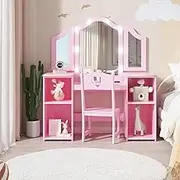 Kids Vanity Table, Princess Makeup Desk & Chair Set Withtouch Light Detachable Tri-Folding Mirror, Open Storage Shelves, Wooden Girls Vanity Dressing Table, Pretend Play Vanity Set for Toddler