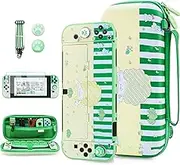 FUNDIARY Green Frog Travel Carrying Case for Nintendo Switch OLED, Cute Anime Frog Accessries with Slim Portable Storage Bag, Hard PC Protective Case, Screen protector, Shoulder Strap and 2 Thumb Caps