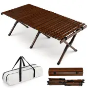 Costway Portable Egg Roll Camping Table Folding Bamboo Picnic Table Camping table Outdoor w/Carry Bag Brown