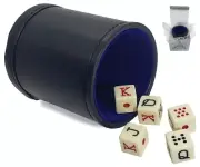 Spanish Poker Dice Ivory Tone + PU Leather Blue Felt Lined Dice Cup (Gift Boxed)