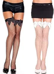 [CanB] 2 Pairs Women Thigh High Stocking Bow Top Stockings Sexy Fishnet Stockings for Women and Girls