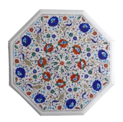 18" Octagon White Marble Coffee Table Top Semi Precious Stone Inlay