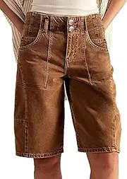 [Flamingals] Bermuda Shorts for Women Denim Mid Rise Double Button Long Shorts Casual Vintage with Patch Pocket