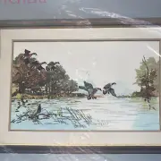 New Vtg Columbia Minerva Canadian Geese crewel embroidery Kit Fall Trees Lake