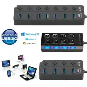 7 Port Powered USB 3.0 2.0 Hub On/Off Switches Splitter w/ Cable for PC Laptop