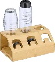 Relaxdays Bamboo Bottle Holder Compatible with Sodastream Bottles with Drip Tray, 3 Bottle Stand, Natural
