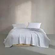 Calvin Klein - Queen Quilt Set, Cotton Gauze Bedding with Matching Shams, Box Stitch Design, Light & Airy for Year Round Use, Oeko-Tex Certified (Blue)