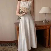 Spaghetti Strap Crew Neck Plain Maxi A-Line Dress White - S