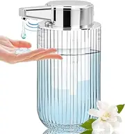 10 oz Automatic Touchless Glass Soap Dispenser, Rechargeable Hands Free Ribbed Liquid Soap Dispenser with Electric Sensor Pump, Refillable Soap Bottle for Bathroom Kitchen Dish Countertop (Clear)