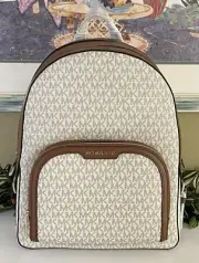 MICHAEL KORS JAYCEE LARGE ZIP POCKET BACKPACK BAG TOTE MK VANILLA LOGO LEATHER
