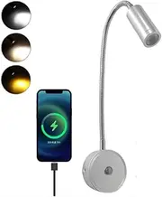 12V RV Reading Light LED Bedside Light Spotlight with USB Port 3 Color Temperature Touch Dimmable Flexible Gooseneck Wall Lamp for Boat, Motorhome, Camper Caravan Van Interior Lighting (Silver)