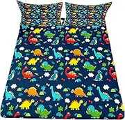 Dinosaur Fitted Sheet Queen Size Kids Bedding Set Cartoon Dinosaur Fitted Sheet for Boys Children Colorful Bedroom Decor Ancient Jungle Animals Bed Cover Tropical Hawaiian Palm Leaf Bed Set Blue
