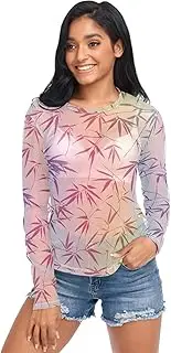 [AIXIWAWA] Women Long Sleeve Mesh Sheer Top Neon Leaf, Sexy See-Through Blouse for Party Evening Wear S