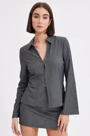 Grey Stripe Shirt Long Sleeve Collared Hook & Eye - Size 12, Women's Shirt