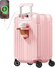 [Krute] Carry on Luggage 20 Inch USB Suitcases with Spinner Double Wheels Cup Holder PC+ABS Hardside Luggage with Lock(Pink)