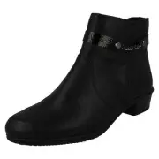 LADIES RIEKER LOW HEEL BLACK SIDE ZIP SMART CASUAL TROUSER ANKLE BOOTS Y0783
