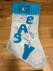 Baby's First Christmas Stocking Blue Felt NWOT Snowman Snow Flakes 17" Long