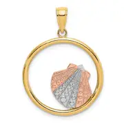 14k Two-tone Gold w/White Rhodium Scallop Shell In Circle Charm