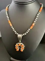 Navajo Pearls Sterling Necklace Orange Spiny Oyster Cluster Naja Pendant