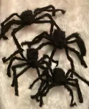 Set/4 Hanging Fuzzy Poseable Black Spiders Creepy Lg 23” Party Decor NEW
