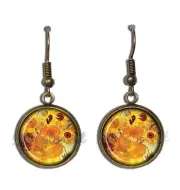 Van Gogh Sunflowers - Handmade Resin Dangling Earrings ANTIQUE BRONZE