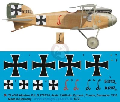 Peddinghaus 1/72 Albatros D.II Markings Wilhelm Cymera Jasta 1 France WWI 4382
