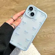 EYZUTAK Case for iPhone 15, Clear Cute Ribbon Bowknot Pattern Aesthetic Transparent Phone Case Raised Camera Protection Stylish Slim Soft Durable TPU Protective Cover for Women Girls - Blue