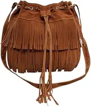 [AIMALL] Women's Soft Velvet Tassel Bucket Bag - Drawstring Shoulder & Crossbody Bag, 11.2x5.3x11 inches, Brown Suede