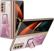 for Samsung Galaxy Z Fold 2 5G Luxury Electroplate Glass Ring Stand Cover, All-Inclusive Painted Pattern Scratch-Resistant Shockproof Protection Bumper Phone Case with Kickstand (M)