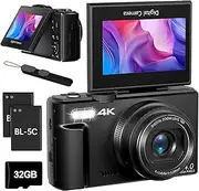 4K Digital Camera for Photography, Compact Point and Shoot Camera for YouTube, 64MP Vlogging Camera with 18X Digital Zoom, 3" 180° Flip Screen, 32GB Micro SD Card & 2 Batteries (Black)