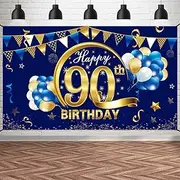 Kauayurk Happy 90th Birthday Banner Decorations for Men - Blue Gold 90 Backdrop Party Supplies Year Old Photo Background Sign Decor, blue 90th