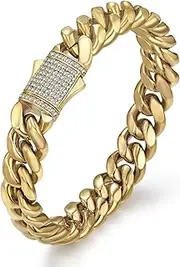 [CG&KYGG] 12mm Miami Cuban Link Bracelet 14K Real Gold Plated Stainless Steel Solid Bracelet for Mens Womens (Double-sided Iced Out Clasp)