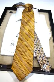 Robert Graham Silk Tie Necktie Gold Navy Baby Brown Stripe Contrast Paisley Tail