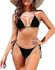 [Generic] Womens Thong Bikini Set Triangle Top Halter String Low Cut Cheeky Bottoms Swimsuits Sexy Bathing Suits