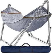 Tranquillo Double Hammock with Stand 650lb Capacity Double Hammock with Spreader Bar, Solid Grade 201 Stainless Steel 30s Set Up, Sturdy Flexible Hammock Stand Portable, Outdoor Indoor, Grey